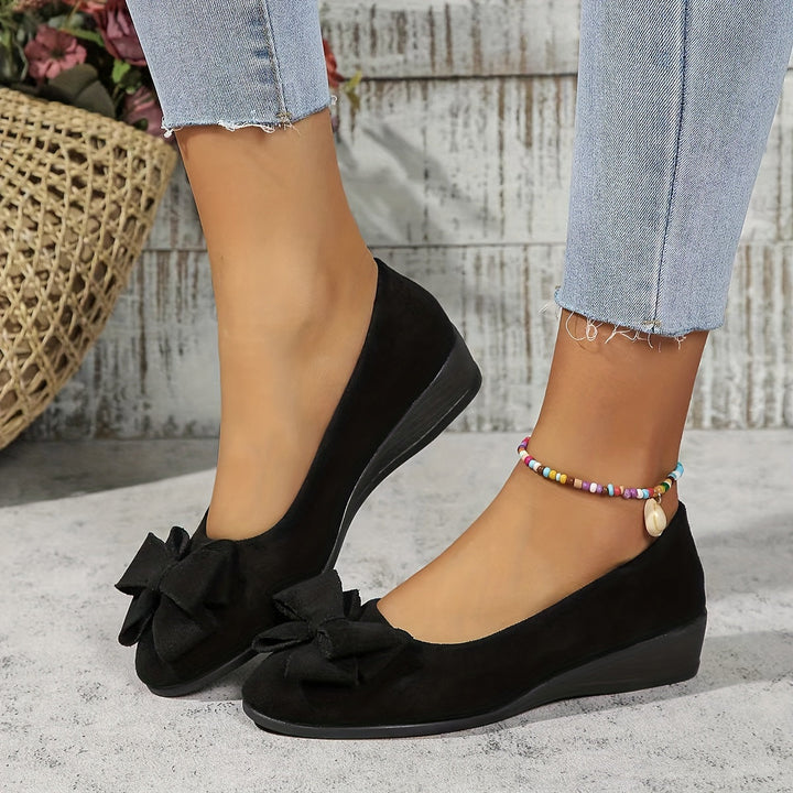 Women's Ballet Flats with Arch Support and Bow Detail - Suede-Effect Low Wedge - Black 3