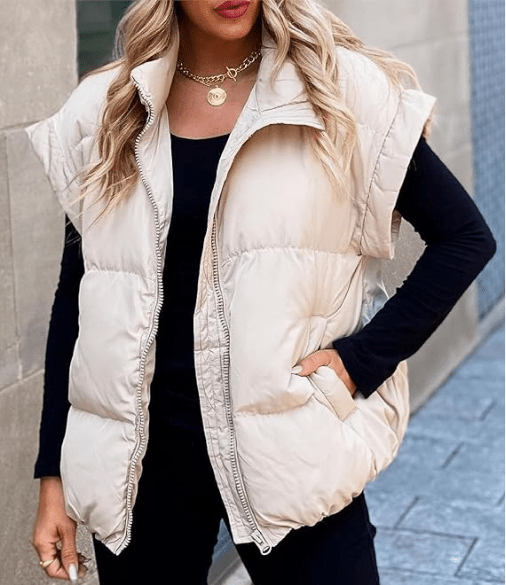 Women's Black Puffer Vest with High Stand Collar and Zip Front – Lightweight Quilted Layering Piece 0