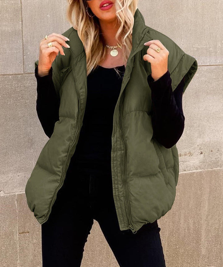 Women's Black Puffer Vest with High Stand Collar and Zip Front – Lightweight Quilted Layering Piece 1