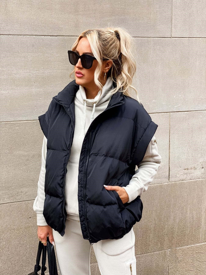 Women's Black Puffer Vest with High Stand Collar and Zip Front – Lightweight Quilted Layering Piece 2