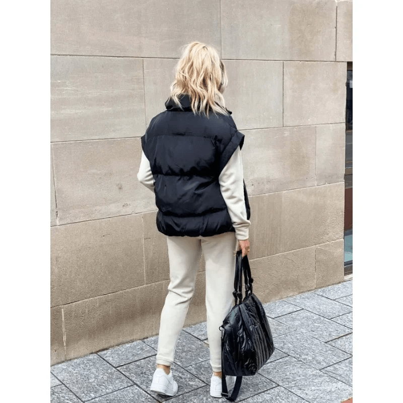 Women's Black Puffer Vest with High Stand Collar and Zip Front – Lightweight Quilted Layering Piece 4