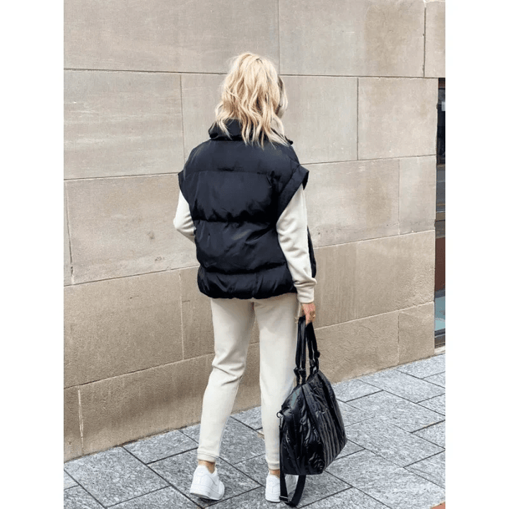 Women's Black Puffer Vest with High Stand Collar and Zip Front – Lightweight Quilted Layering Piece 4