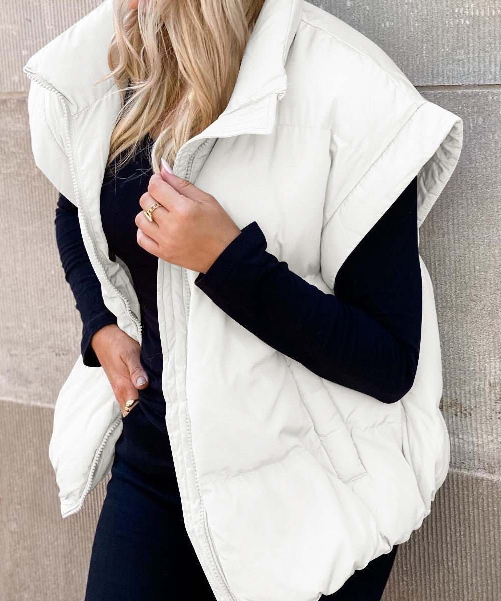 Women's Black Puffer Vest with High Stand Collar and Zip Front – Lightweight Quilted Layering Piece 5