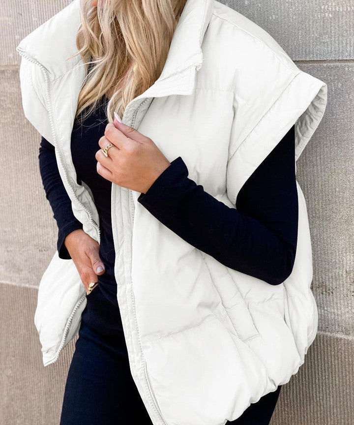 Women's Black Puffer Vest with High Stand Collar and Zip Front – Lightweight Quilted Layering Piece 5