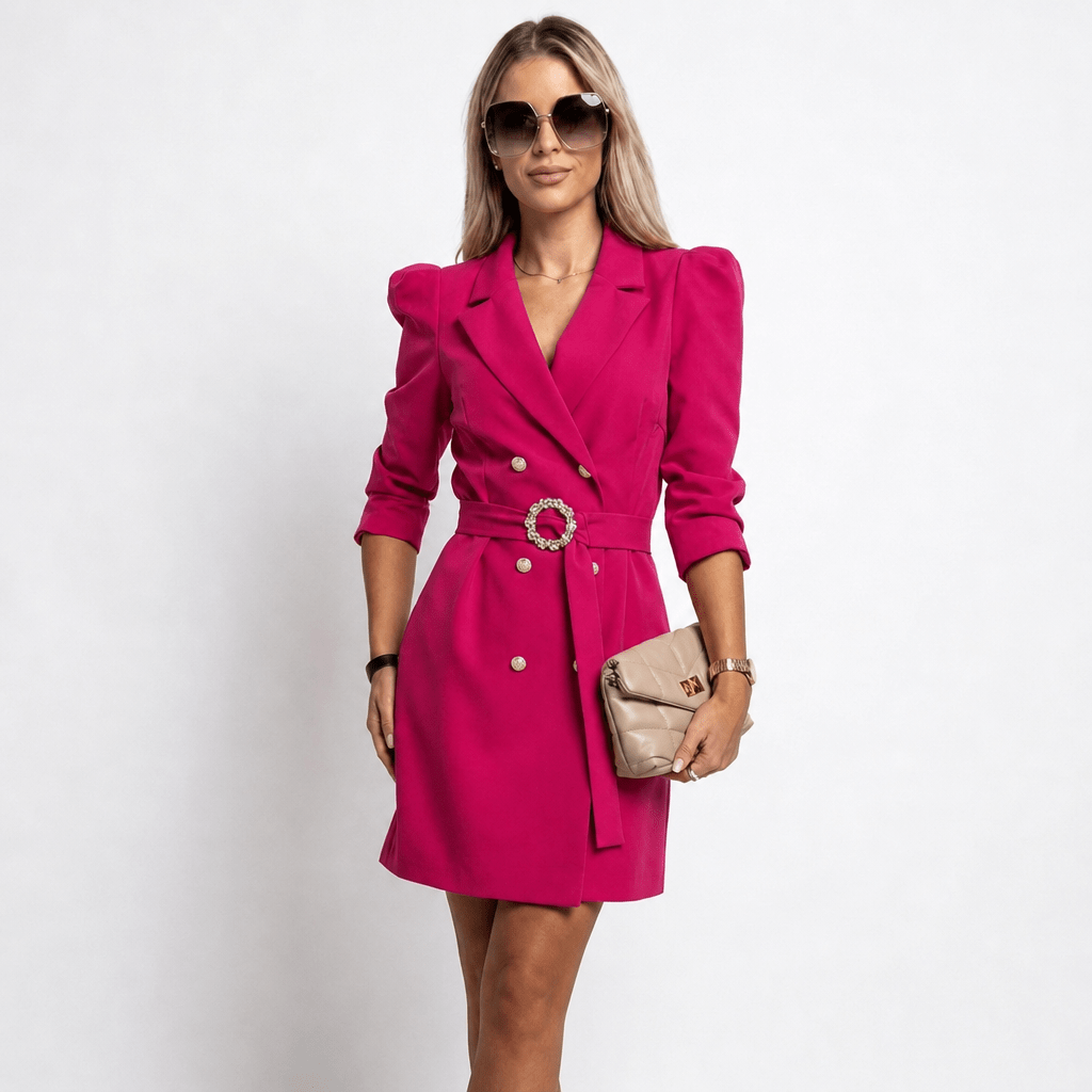 Women's blazer dress featuring a wrap waist and long sleeves, designed in a mini length for a tailored and sophisticated look, perfect for formal and cocktail occasions. 1