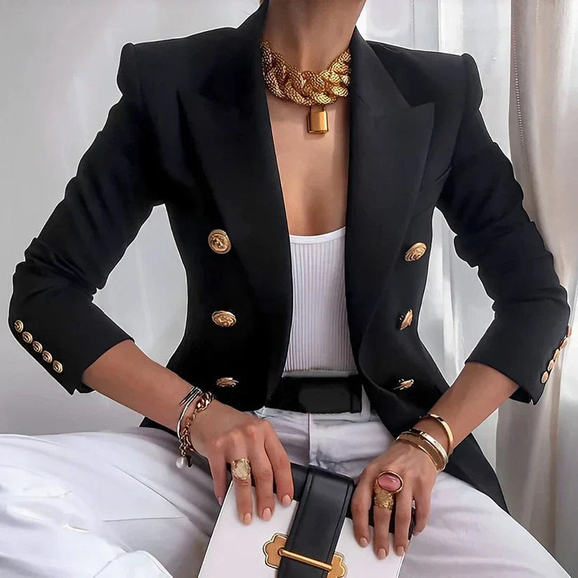 Women's Blazer with Double-Breasted Closure and Gold Button Detail – Tailored Fit in Black, Navy, and Pink 0