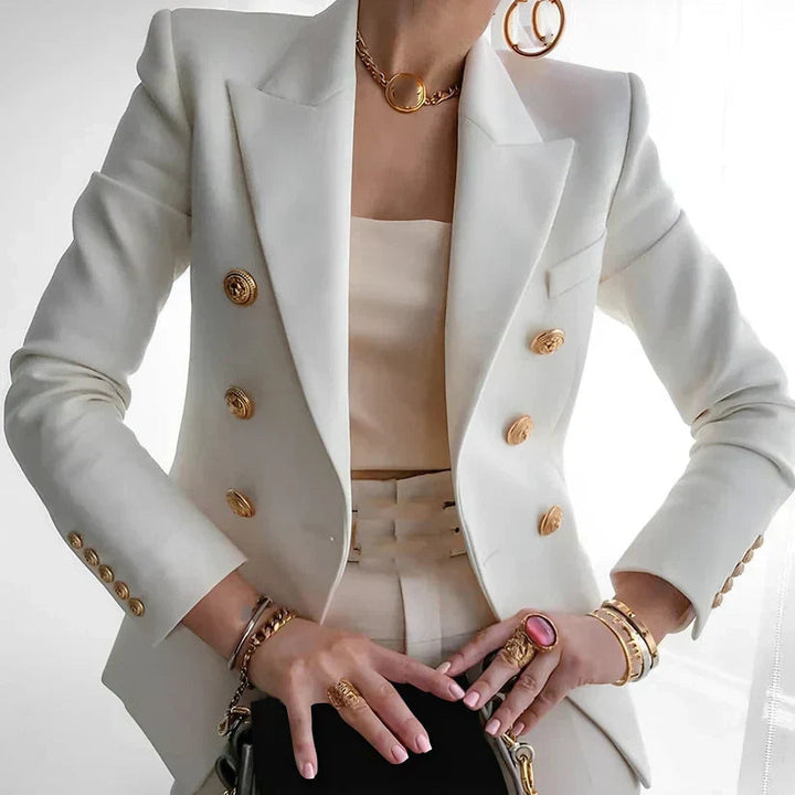 Women's Blazer with Double-Breasted Closure and Gold Button Detail – Tailored Fit in Black, Navy, and Pink 1
