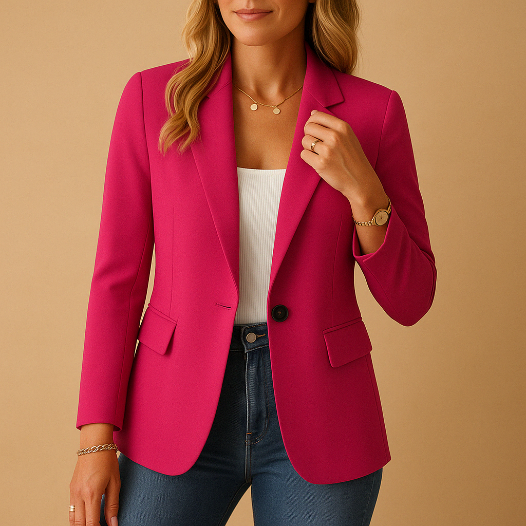 Women's blazer featuring notch lapels and a single-button closure, designed for a tailored structured fit, available in classic black or white. 1