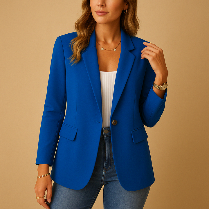 Women's blazer featuring notch lapels and a single-button closure, designed for a tailored structured fit, available in classic black or white. 5
