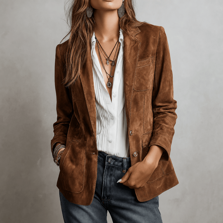 Women's Blazer with Notched Lapel and Functional Pockets - Relaxed Fit Matte Suede 0