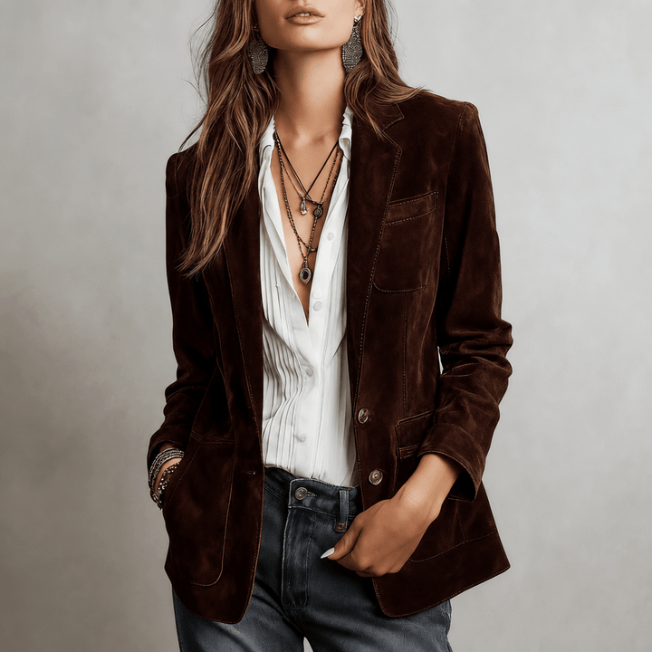 Women's Blazer with Notched Lapel and Functional Pockets - Relaxed Fit Matte Suede 4