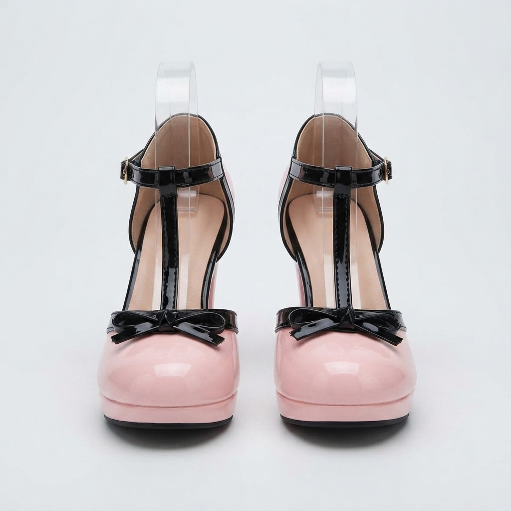 Women's black block heels featuring an adjustable buckle and faux patent leather T-strap design, ideal for stylish and comfortable wear. 0