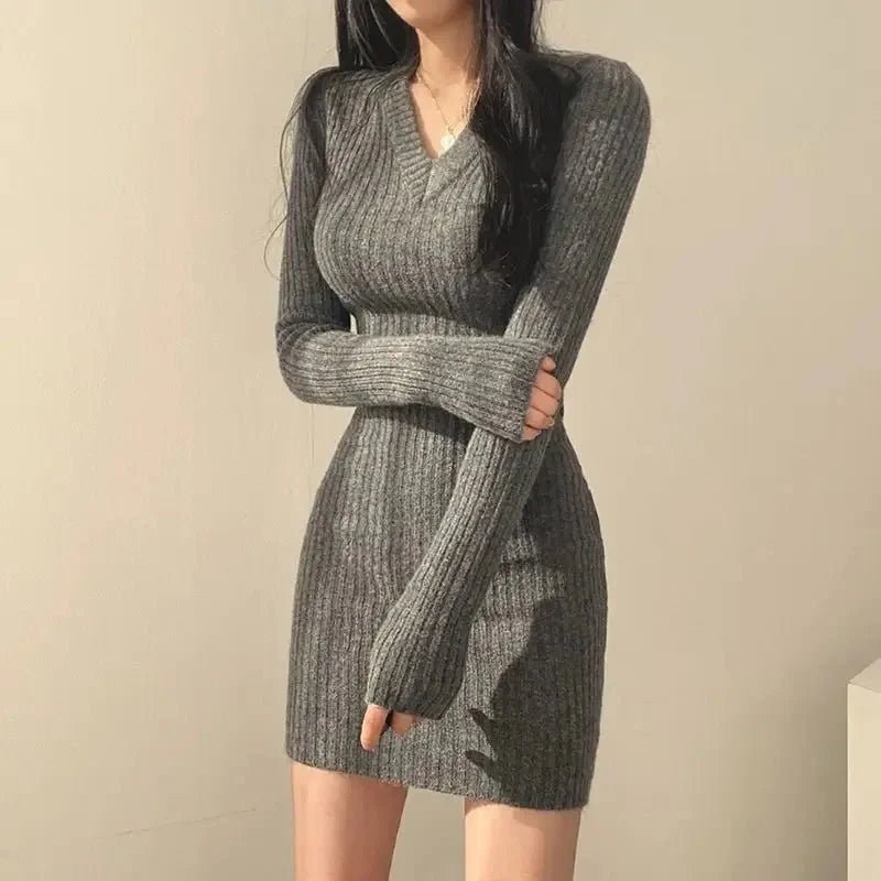 Women's bodycon mini dress featuring a V-neck and long sleeves, crafted from stylish knit fabric suitable for both casual and formal occasions. 3