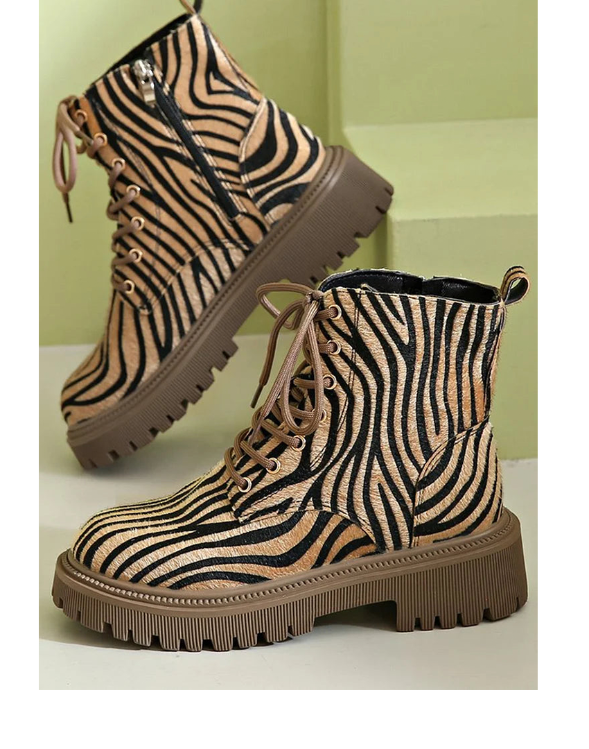 Women's Boots with Lace-Up Design and Sleek Silhouette – Zebra Print Khaki Fashion Footwear 0