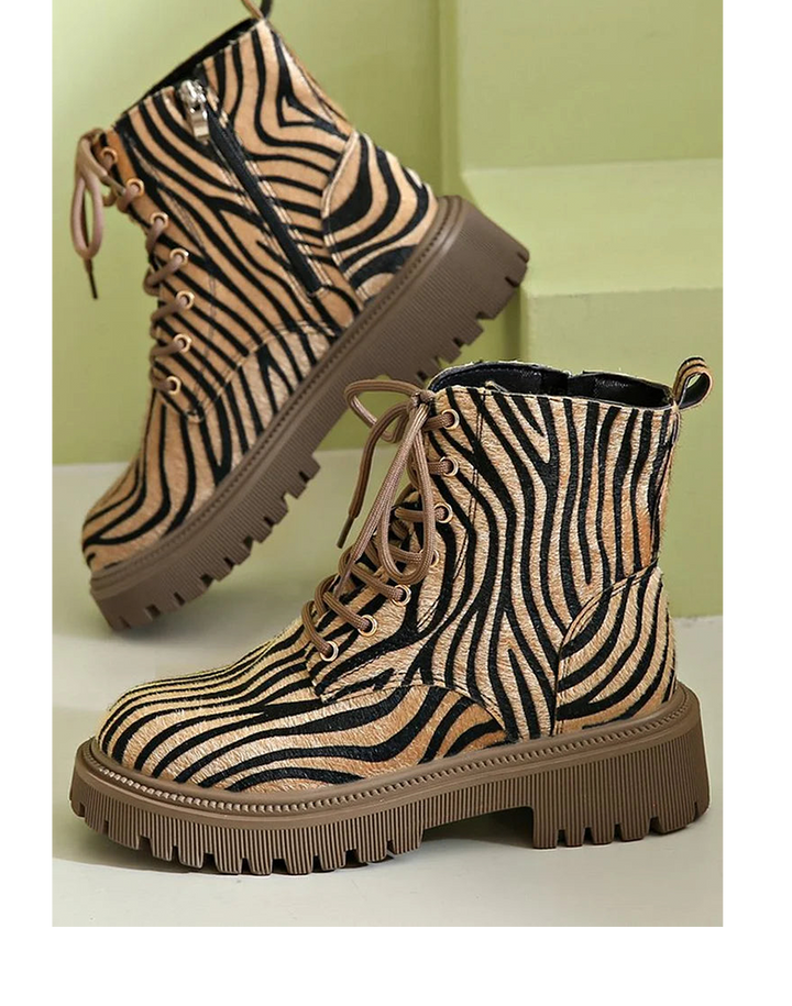 Women's Boots with Lace-Up Design and Sleek Silhouette – Zebra Print Khaki Fashion Footwear 0