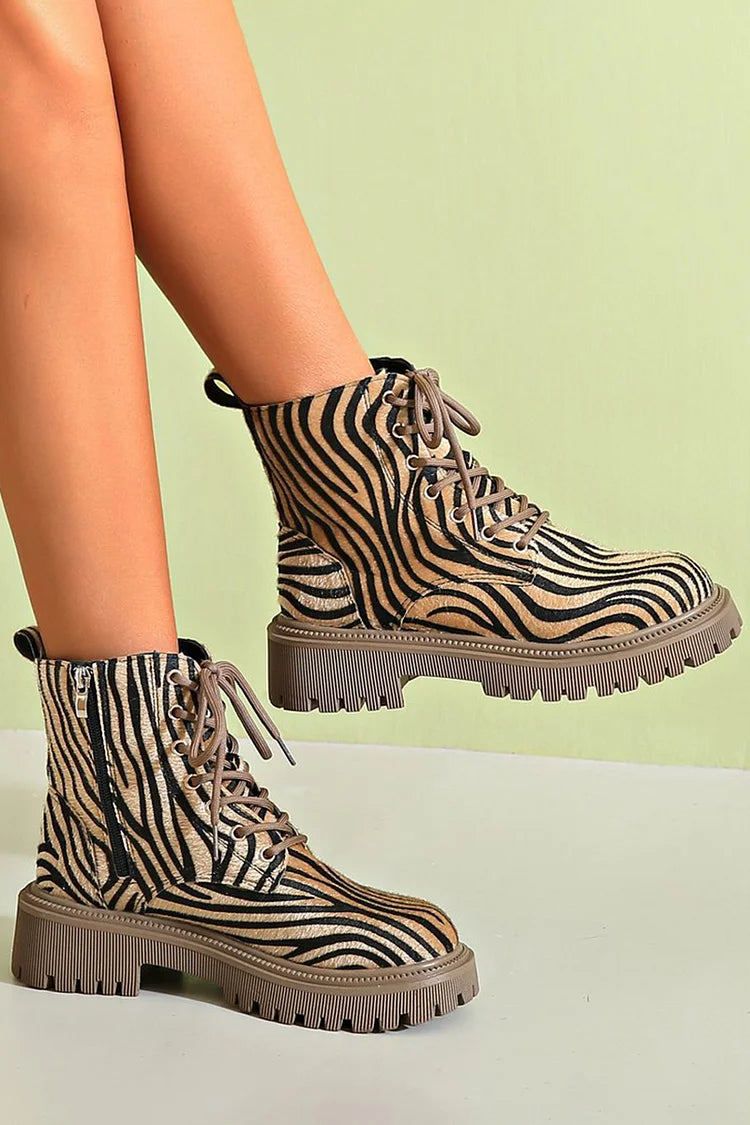 Women's Boots with Lace-Up Design and Sleek Silhouette – Zebra Print Khaki Fashion Footwear 1