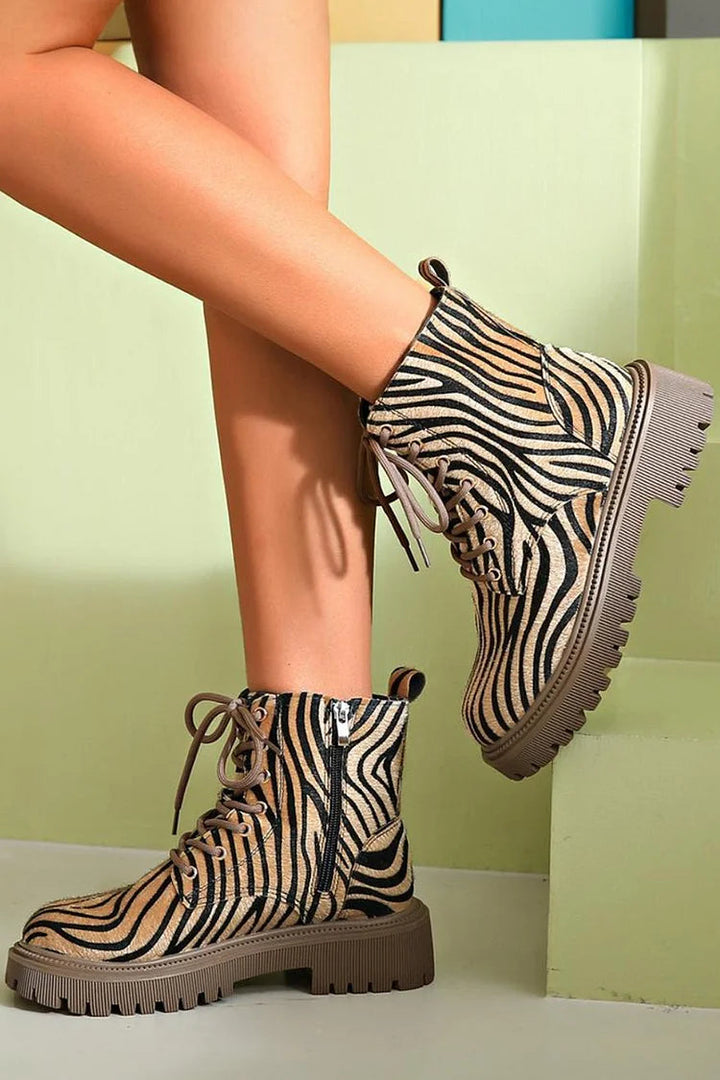 Women's Boots with Lace-Up Design and Sleek Silhouette – Zebra Print Khaki Fashion Footwear 2