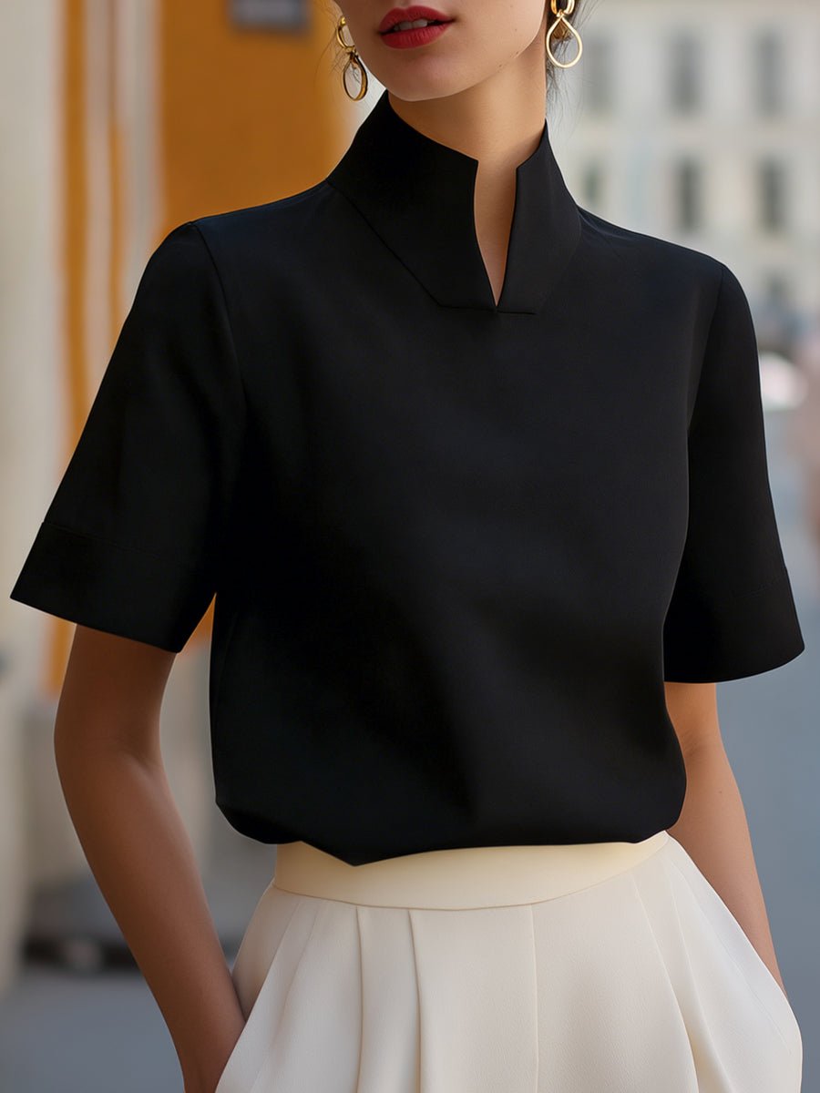 Women's business blouse featuring a stylish stand-up collar and short sleeves, designed for an elegant and modern look, perfect for professional settings. 4