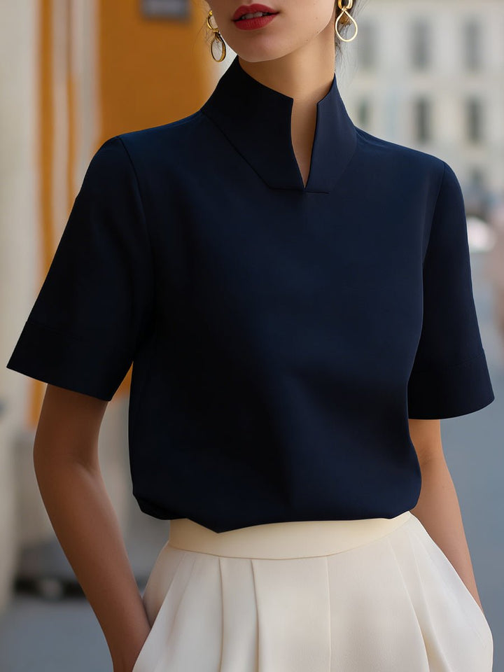 Women's business blouse featuring a stylish stand-up collar and short sleeves, designed for an elegant and modern look, perfect for professional settings. 5