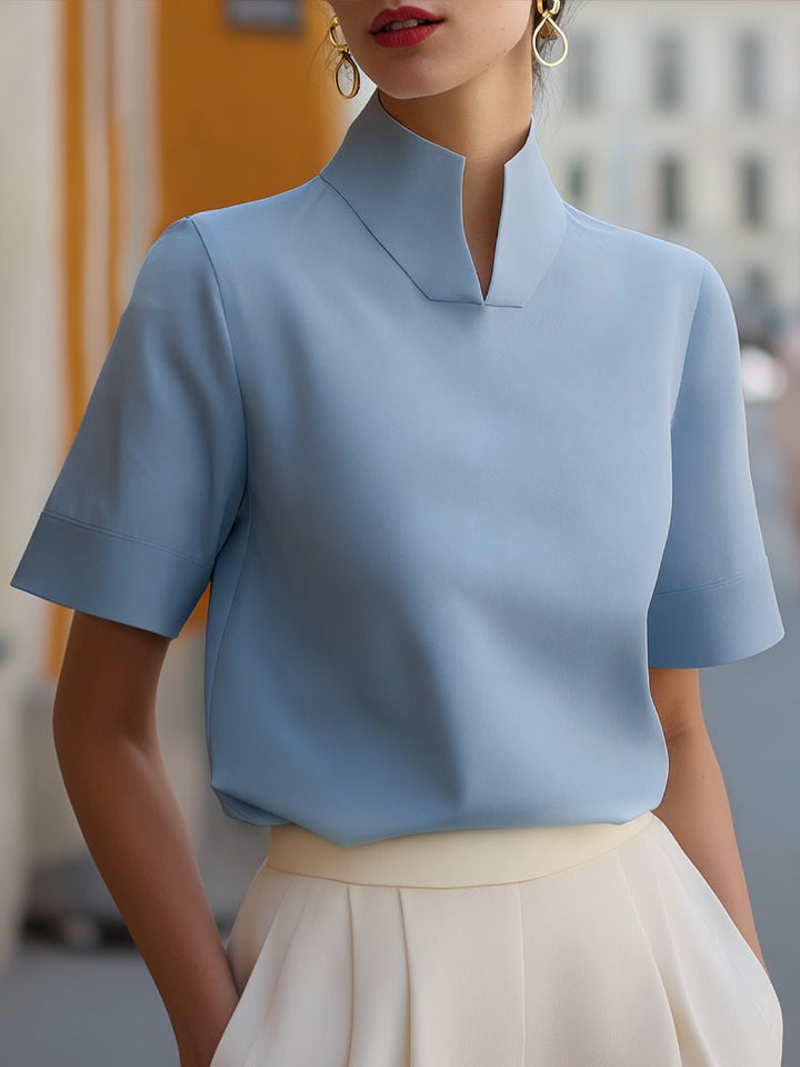 Women's business blouse featuring a stylish stand-up collar and short sleeves, designed for an elegant and modern look, perfect for professional settings. 6