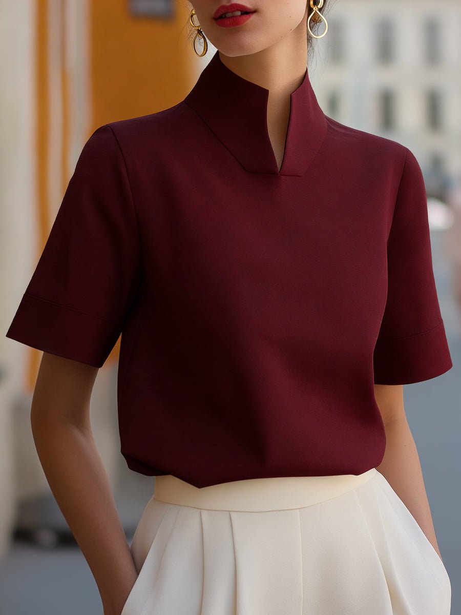 Women's business blouse featuring a stylish stand-up collar and short sleeves, designed for an elegant and modern look, perfect for professional settings. 7