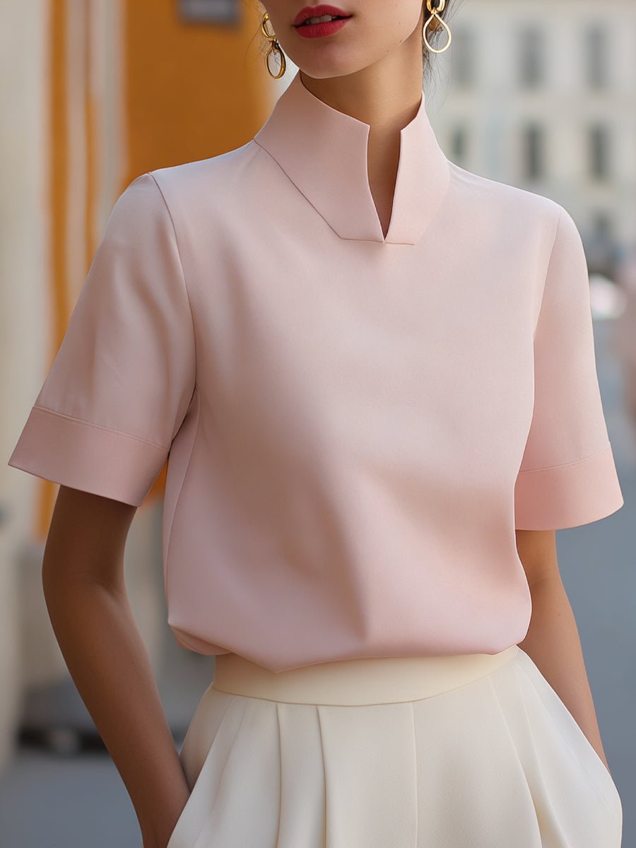Women's business blouse featuring a stylish stand-up collar and short sleeves, designed for an elegant and modern look, perfect for professional settings. 8