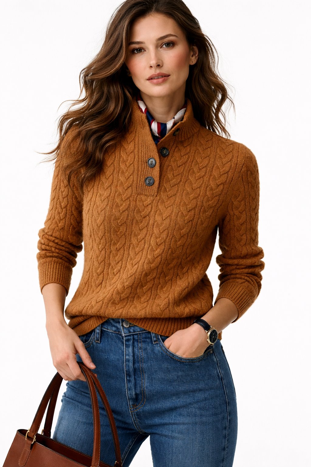 Women's Cable Knit Sweater with Adjustable Mock Neck – Soft Wool Blend – Versatile Casual Style 0
