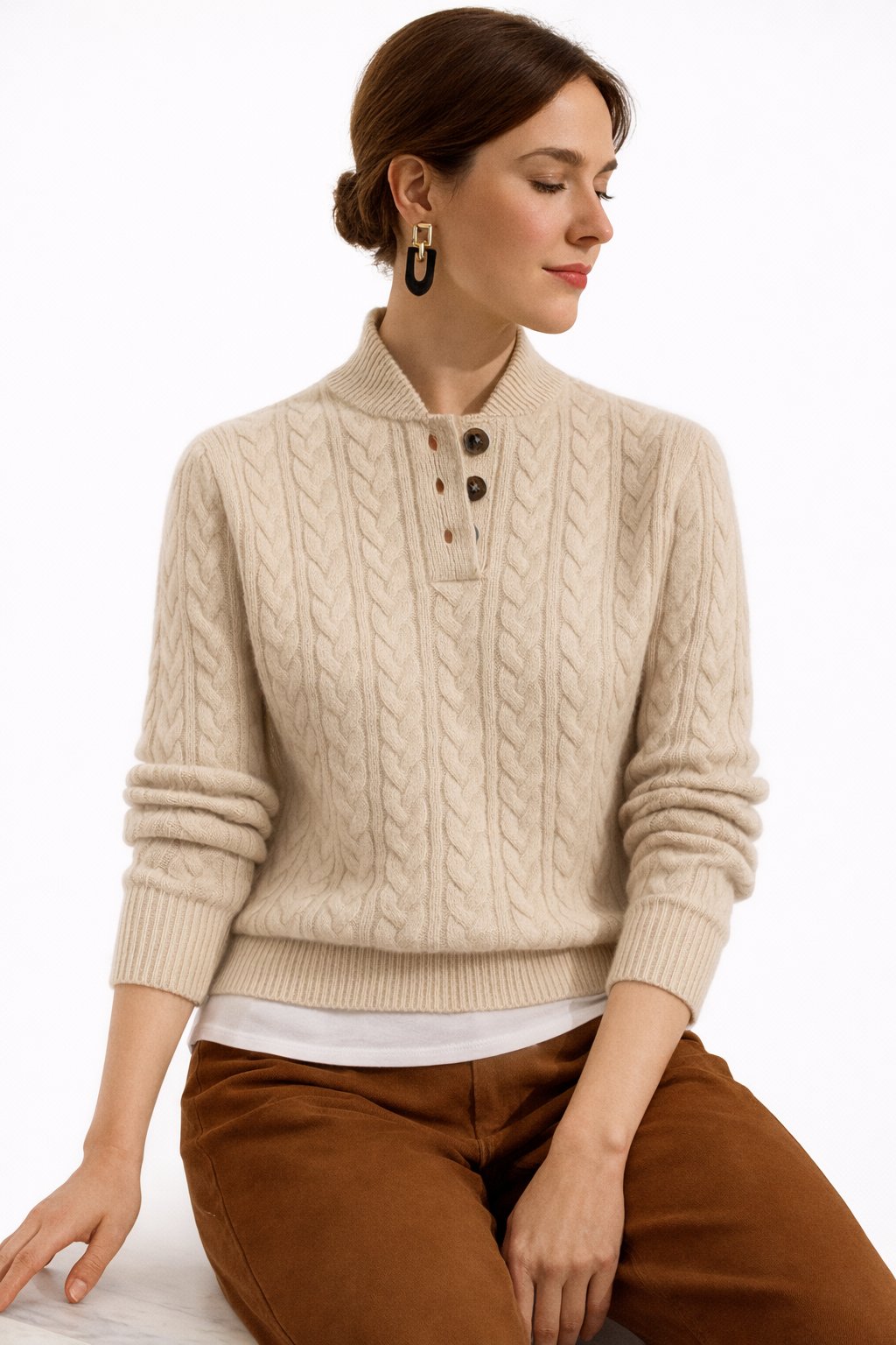 Women's Cable Knit Sweater with Adjustable Mock Neck – Soft Wool Blend – Versatile Casual Style 3