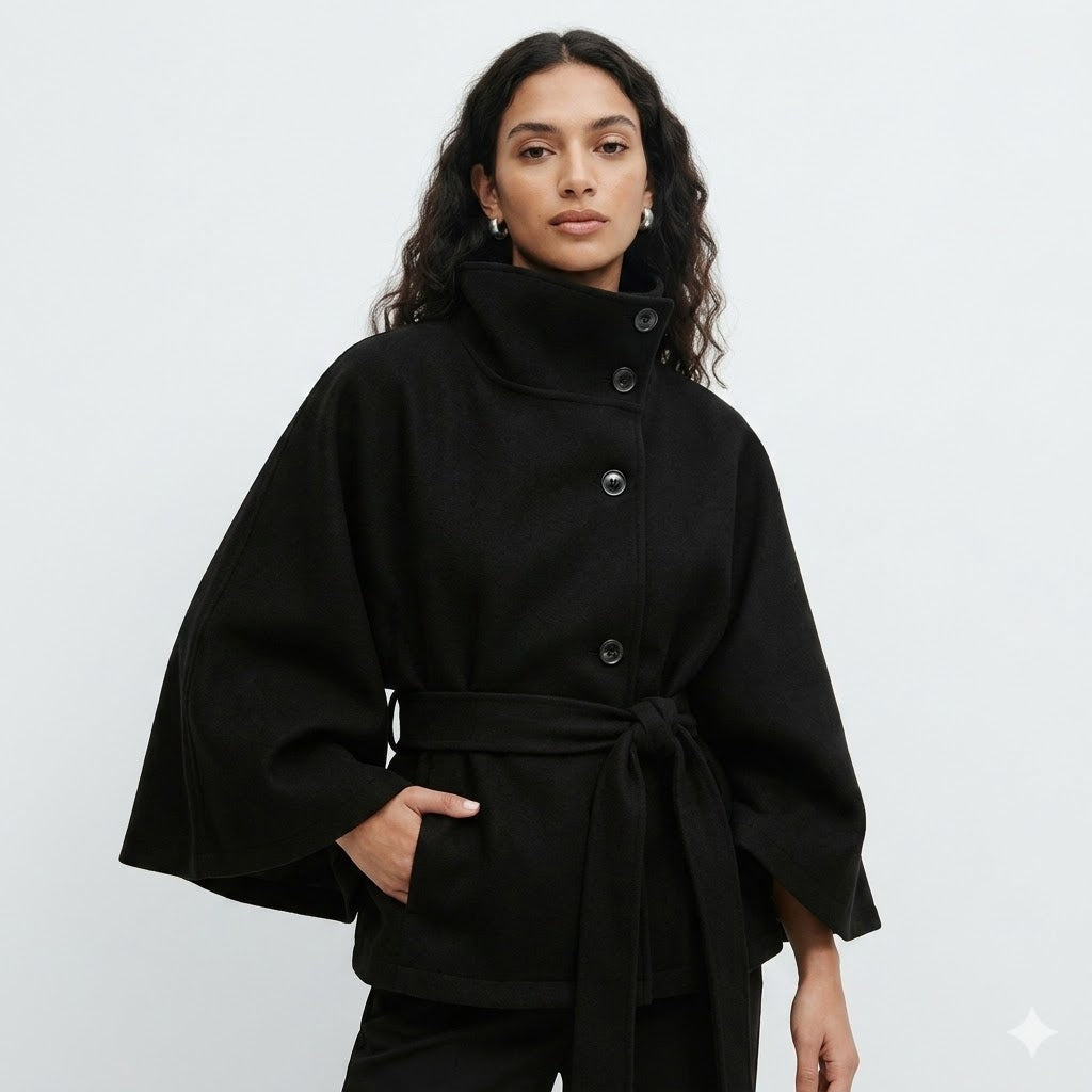 Women's cape coat featuring an adjustable belt and high neckline, crafted from soft premium fabric for elegant winter layering. 0