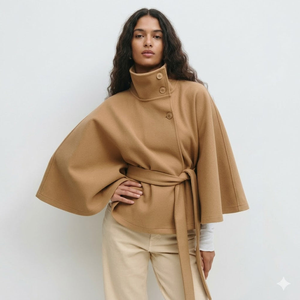 Women's cape coat featuring an adjustable belt and high neckline, crafted from soft premium fabric for elegant winter layering. 1