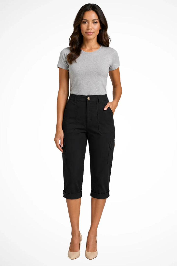 Women's relaxed fit capri pants in a soft cotton blend featuring cuffed ankles and convenient cargo pockets, perfect for casual outings and comfortable wear. 0