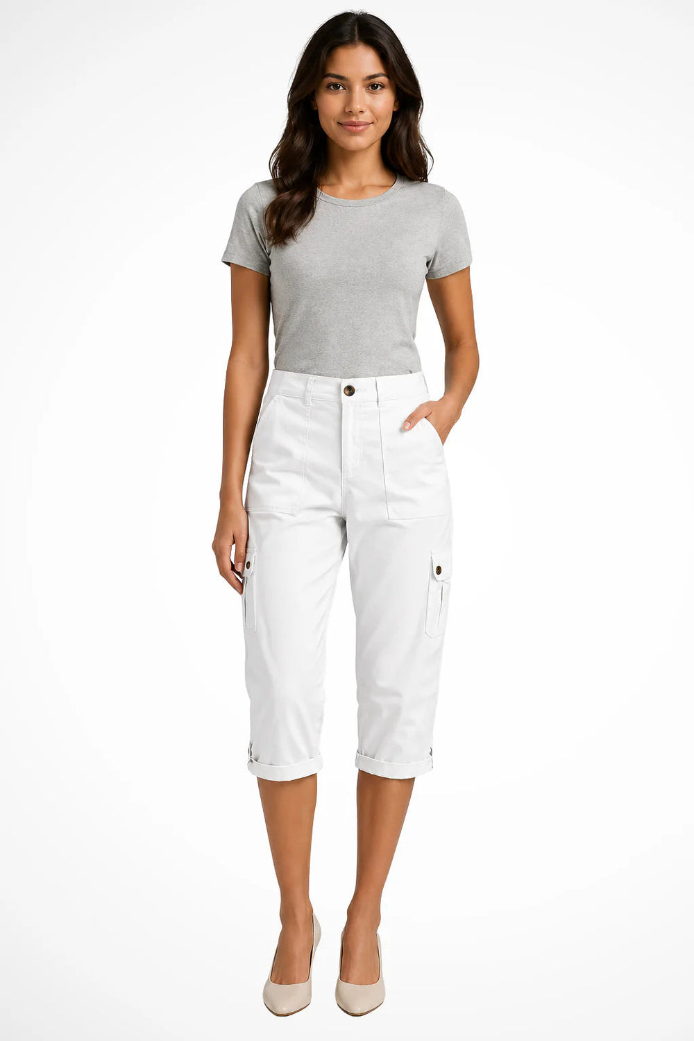 Women's relaxed fit capri pants in a soft cotton blend featuring cuffed ankles and convenient cargo pockets, perfect for casual outings and comfortable wear. 1