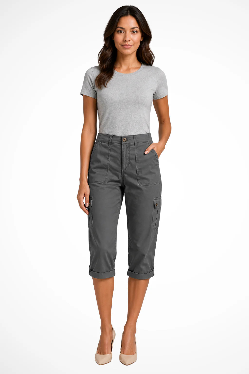 Women's relaxed fit capri pants in a soft cotton blend featuring cuffed ankles and convenient cargo pockets, perfect for casual outings and comfortable wear. 2