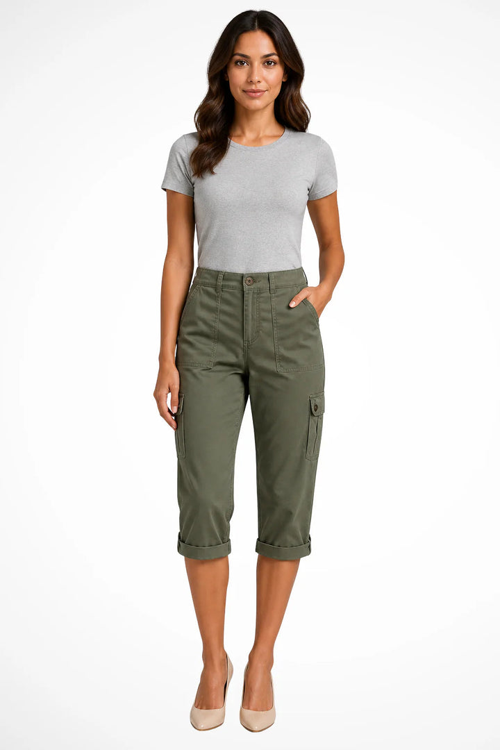 Women's relaxed fit capri pants in a soft cotton blend featuring cuffed ankles and convenient cargo pockets, perfect for casual outings and comfortable wear. 3