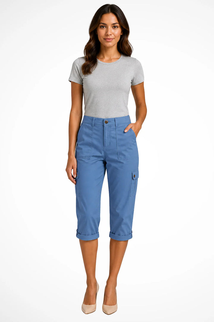 Women's relaxed fit capri pants in a soft cotton blend featuring cuffed ankles and convenient cargo pockets, perfect for casual outings and comfortable wear. 4