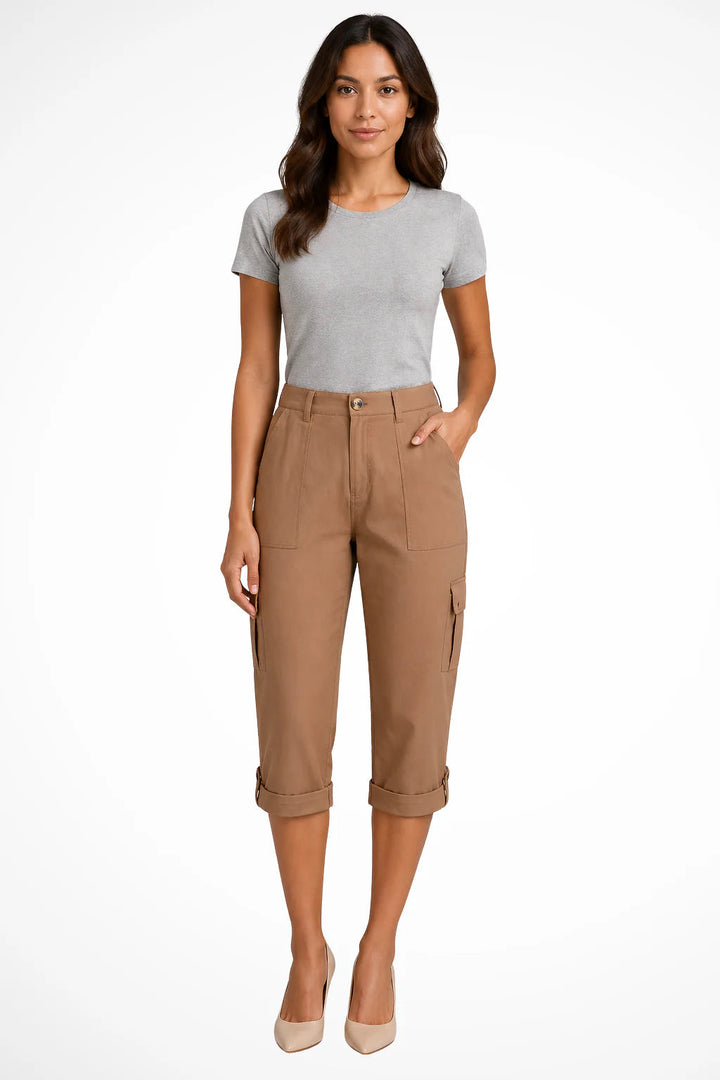 Women's relaxed fit capri pants in a soft cotton blend featuring cuffed ankles and convenient cargo pockets, perfect for casual outings and comfortable wear. 5