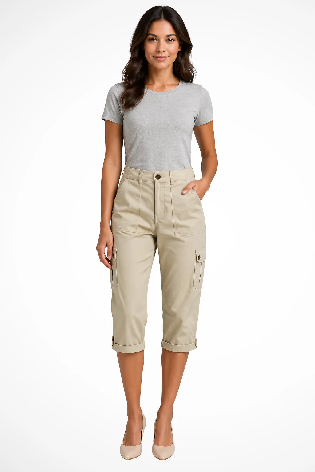 Women's relaxed fit capri pants in a soft cotton blend featuring cuffed ankles and convenient cargo pockets, perfect for casual outings and comfortable wear. 7
