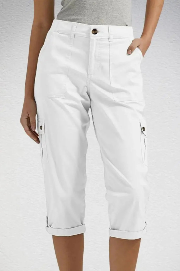 Women's relaxed fit capri pants in a soft cotton blend featuring cuffed ankles and convenient cargo pockets, perfect for casual outings and comfortable wear. 8