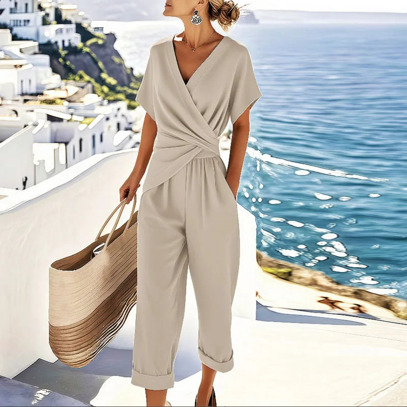 Women's Casual V-Neck Jumpsuit with Short Sleeves in lightweight fabric, perfect for a flowy summer look, ideal for casual outings and warm 0