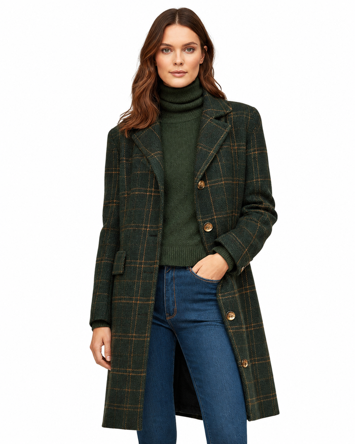 Women's Coat with Button Closure – Fitted Plaid Wool Blend – Stylish Winter Outerwear 0
