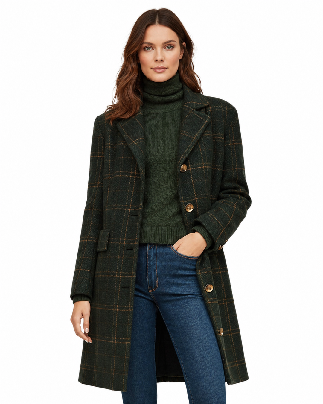 Women's Coat with Button Closure – Fitted Plaid Wool Blend – Stylish Winter Outerwear 1