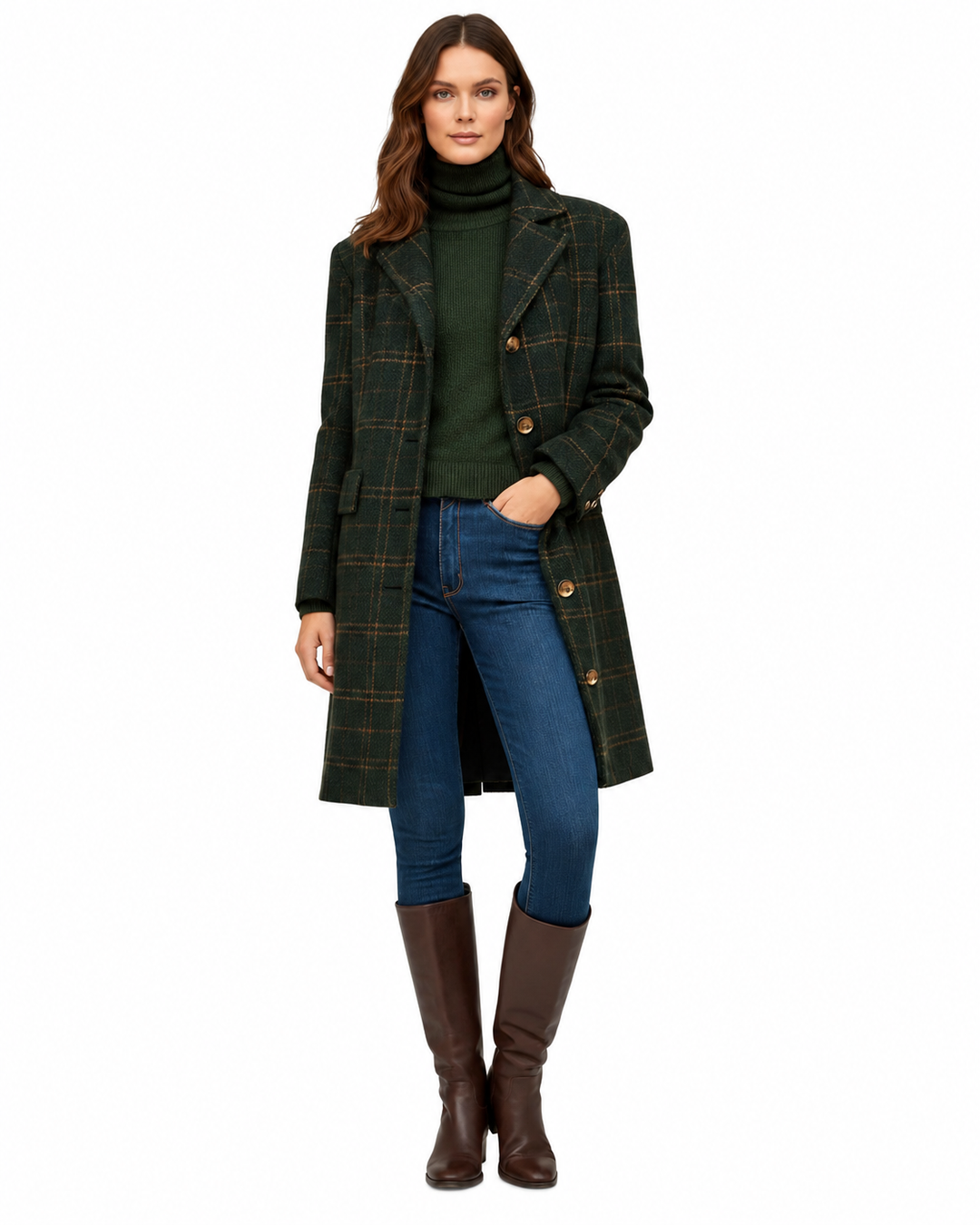 Women's Coat with Button Closure – Fitted Plaid Wool Blend – Stylish Winter Outerwear 2