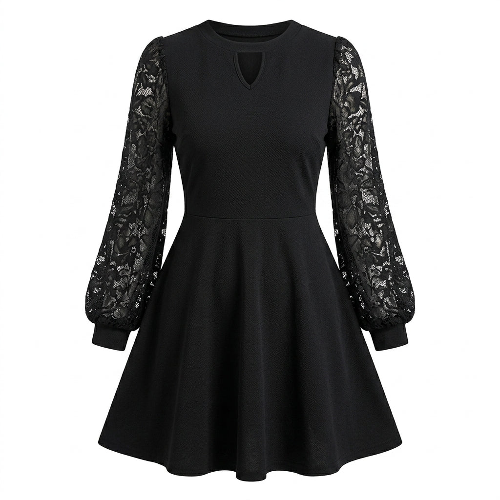 Women's flared A-line mini cocktail dress featuring elegant floral jacquard sleeves and a stylish geometric keyhole neckline, perfect for special occasions. 1