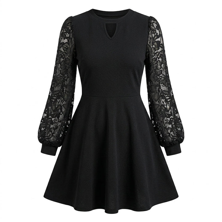 Women's flared A-line mini cocktail dress featuring elegant floral jacquard sleeves and a stylish geometric keyhole neckline, perfect for special occasions. 1