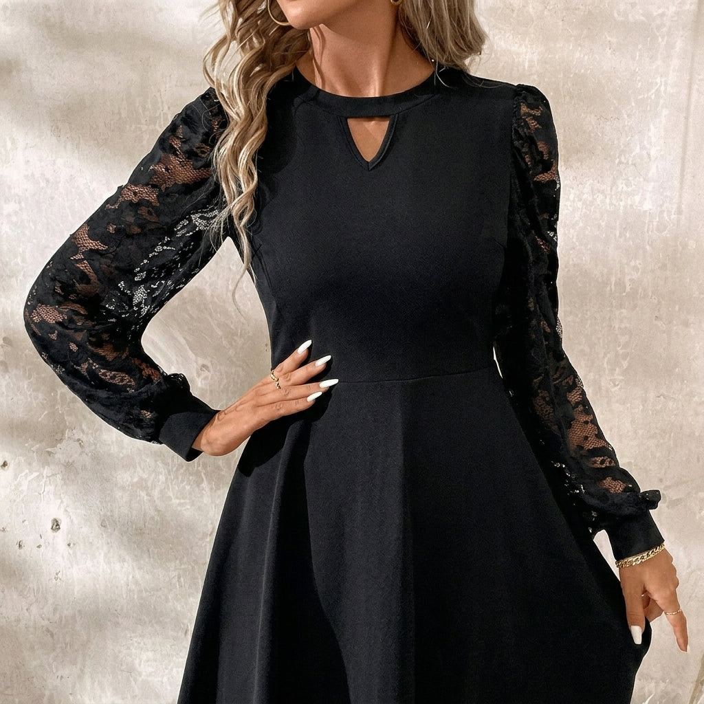 Women's flared A-line mini cocktail dress featuring elegant floral jacquard sleeves and a stylish geometric keyhole neckline, perfect for special occasions. 4
