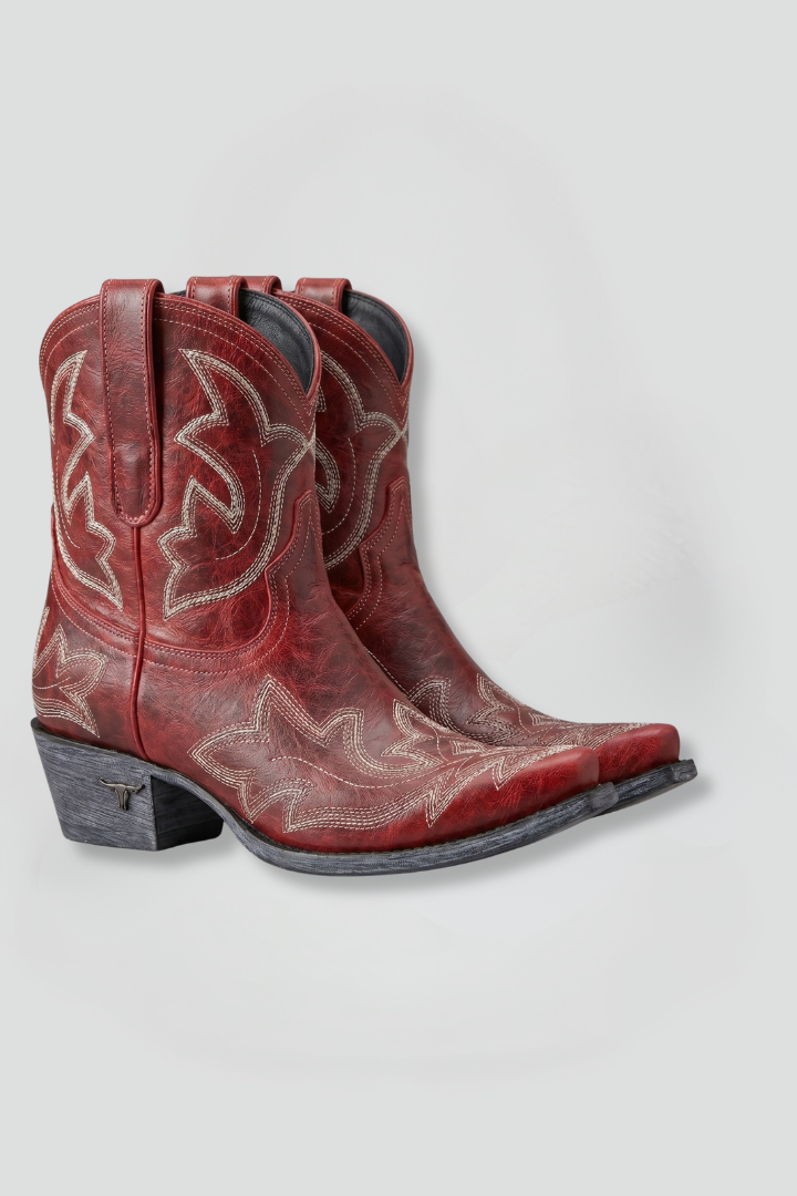 Women's cowboy boots featuring a leather upper, pointed toe, and western embroidered ankle design, complete with dual pull tabs for easy wear. 1