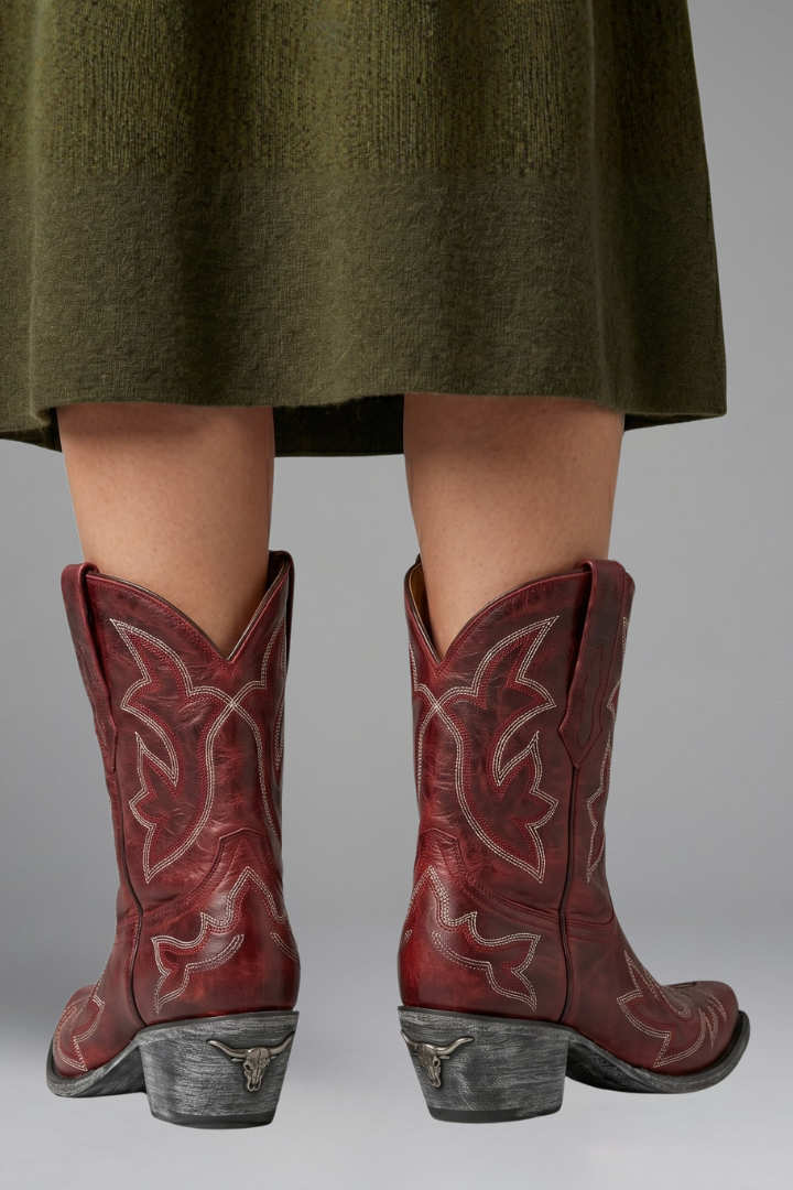 Women's cowboy boots featuring a leather upper, pointed toe, and western embroidered ankle design, complete with dual pull tabs for easy wear. 3