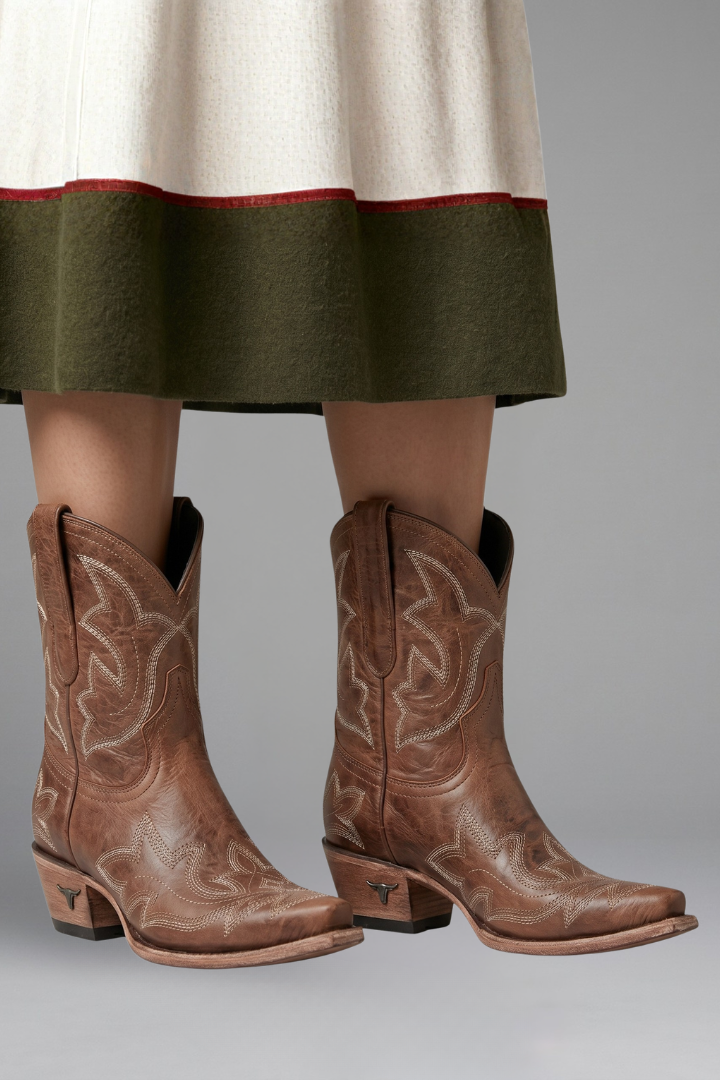 Women's cowboy boots featuring a leather upper, pointed toe, and western embroidered ankle design, complete with dual pull tabs for easy wear. 5