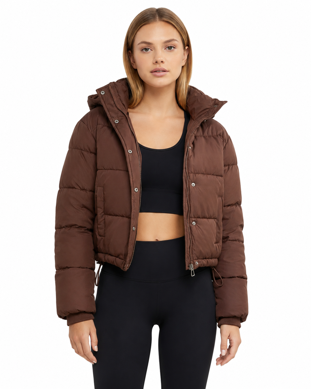 Women's Cropped Hooded Puffer Jacket with Zip Closure – Quilted Insulated Design for Winter Warmth 0