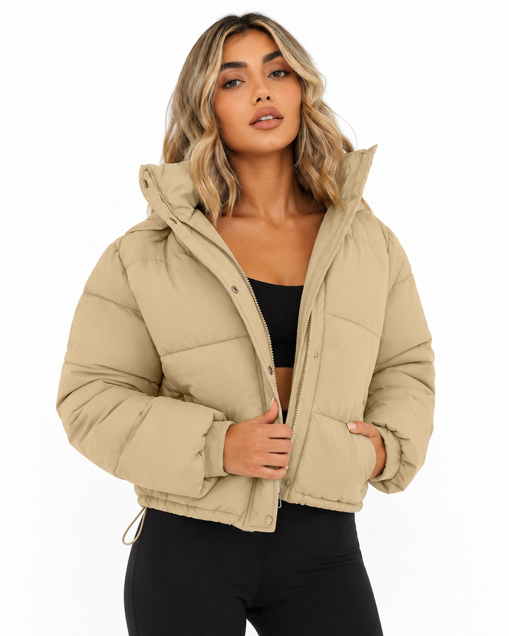 Women's Cropped Hooded Puffer Jacket with Zip Closure – Quilted Insulated Design for Winter Warmth 2